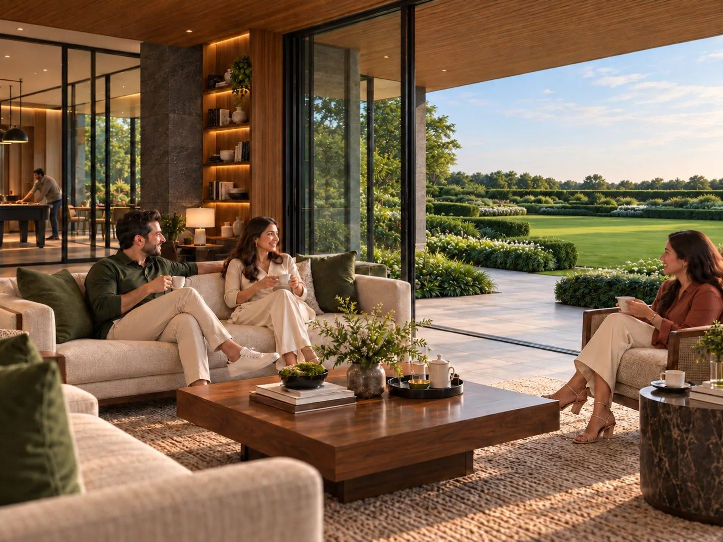Concept visualisation of residents relaxing over tea in a clubhouse lounge that opens through tall glazing onto landscaped lawns