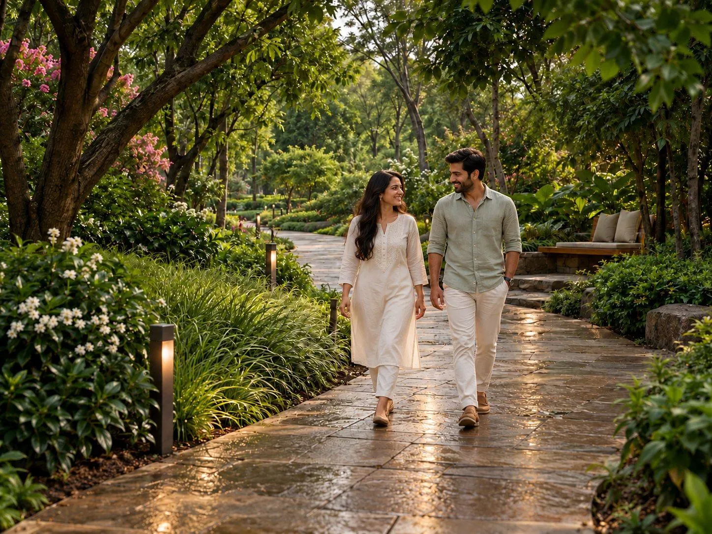 Concept visualisation of a couple walking a stone garden path beneath mature trees, lined with flowering shrubs and low path lights