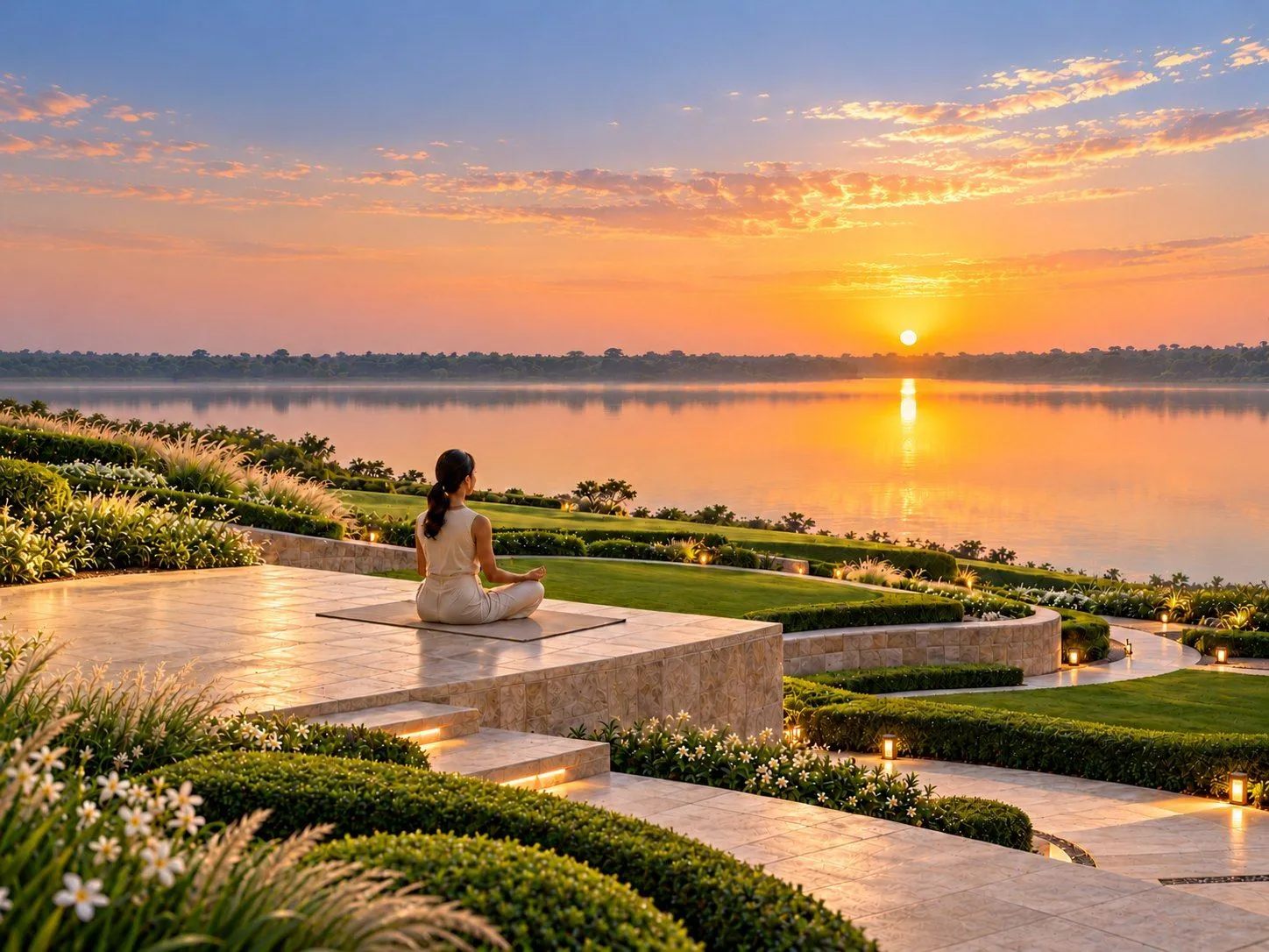 Concept visualisation of a woman meditating on a stone terrace above landscaped lawns, looking out over the lake at sunrise