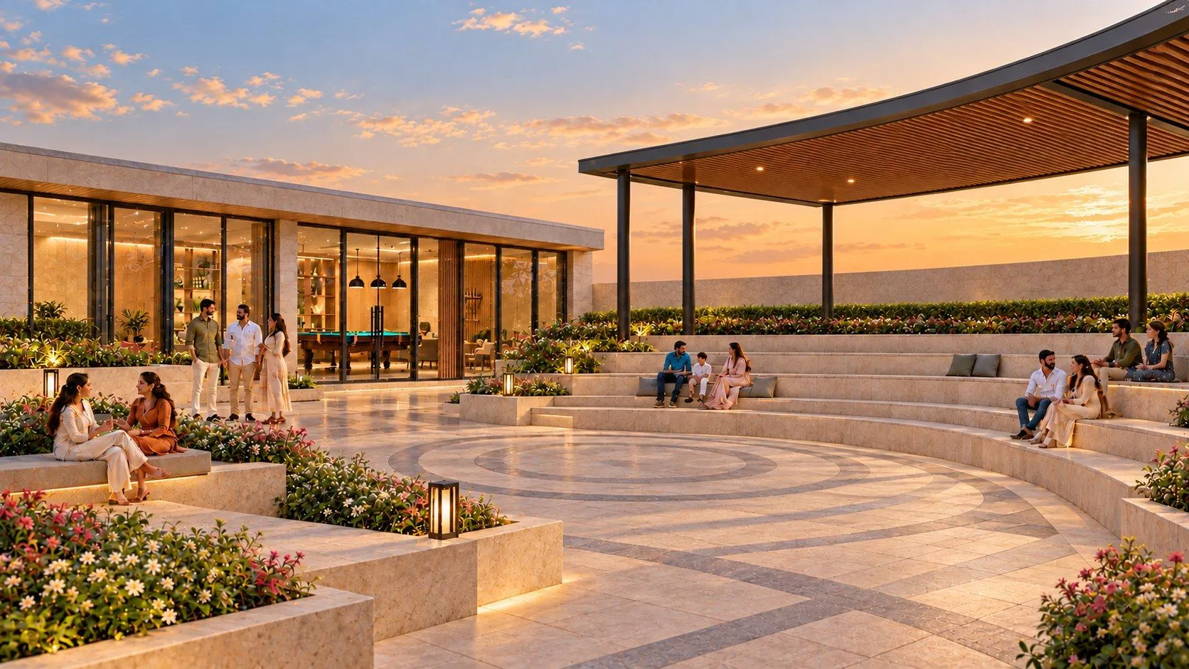 AI visualisation of a stone courtyard with tiered amphitheatre seating and a timber canopy at sunset, with families gathered beside the clubhouse