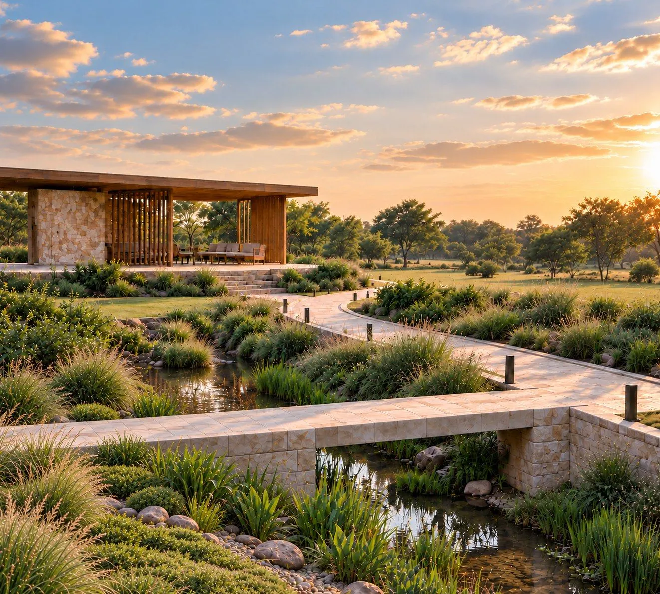 AI concept visualisation of an open landscaped garden with a stone footbridge over a planted water channel, a winding path and a timber pavilion at sunset