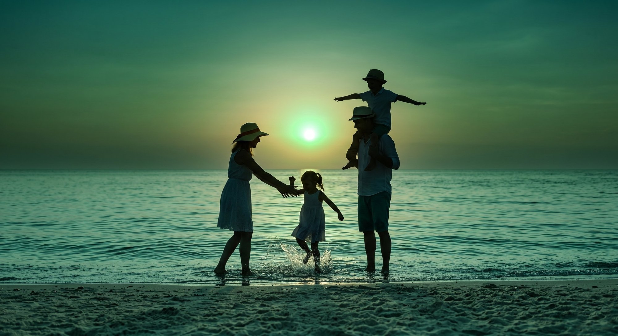A family together at the shore at golden hour