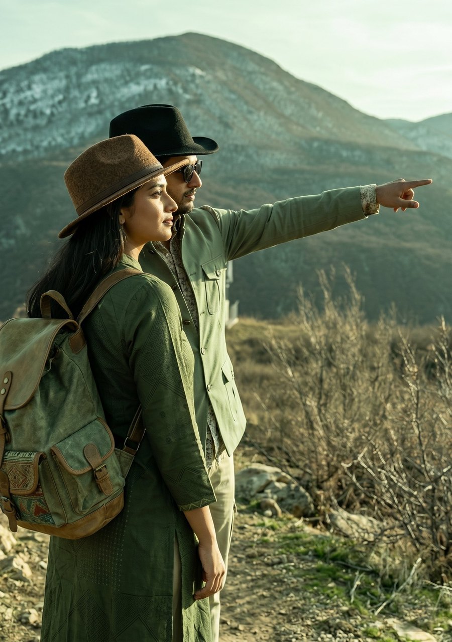 A couple looking out over the mountains, one pointing toward the horizon