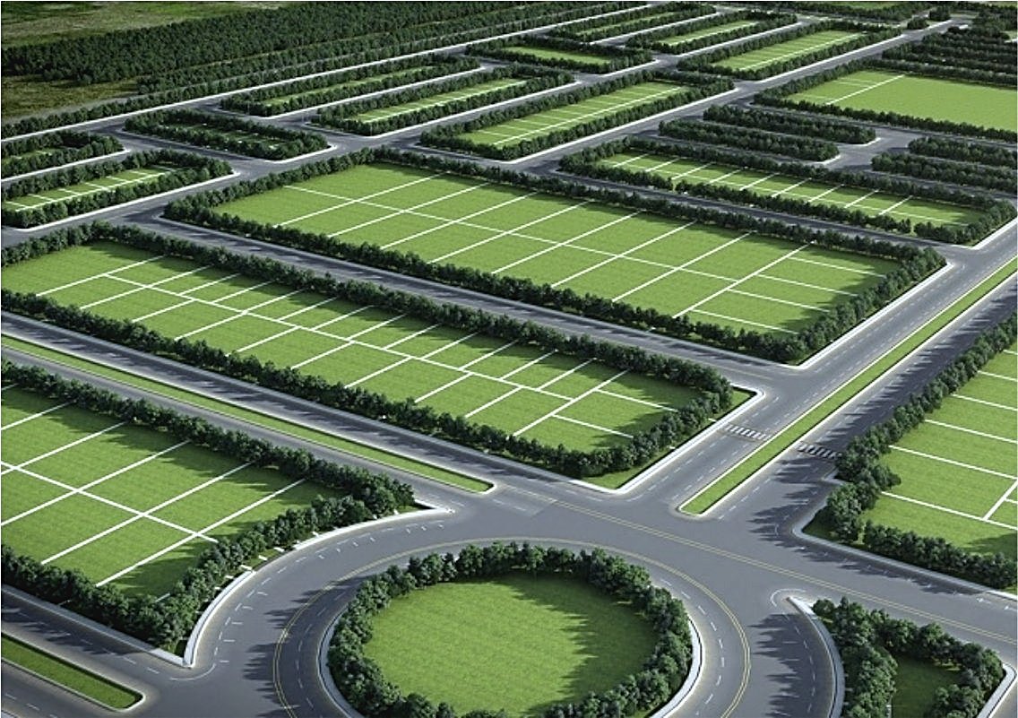 Aerial of tree-lined boulevards and green blocks