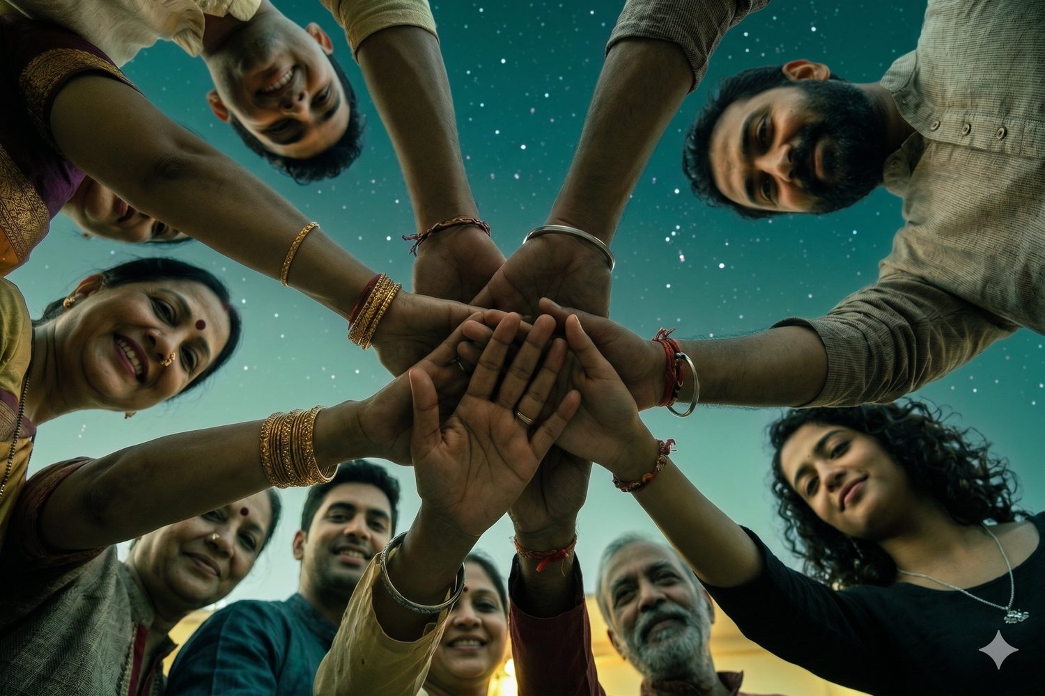 A community joining hands together under a starlit sky