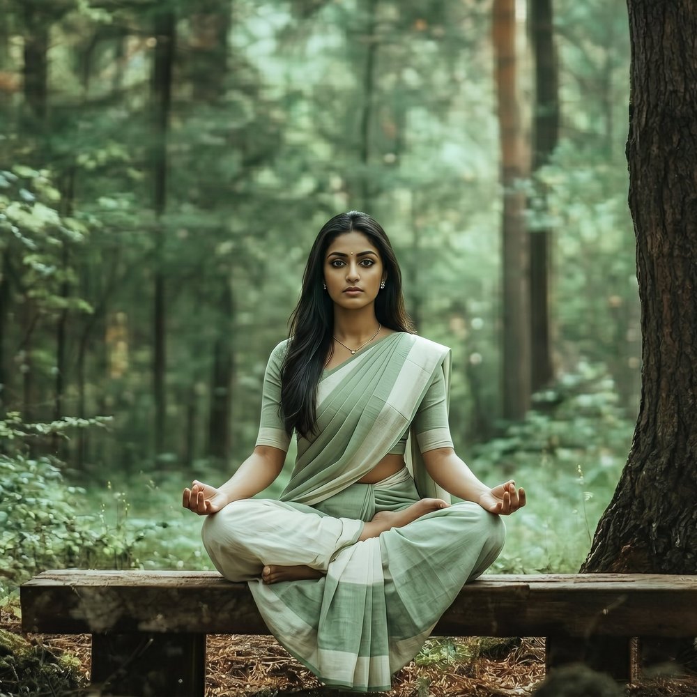 A woman meditating in lotus pose on a wooden bench in a forest
