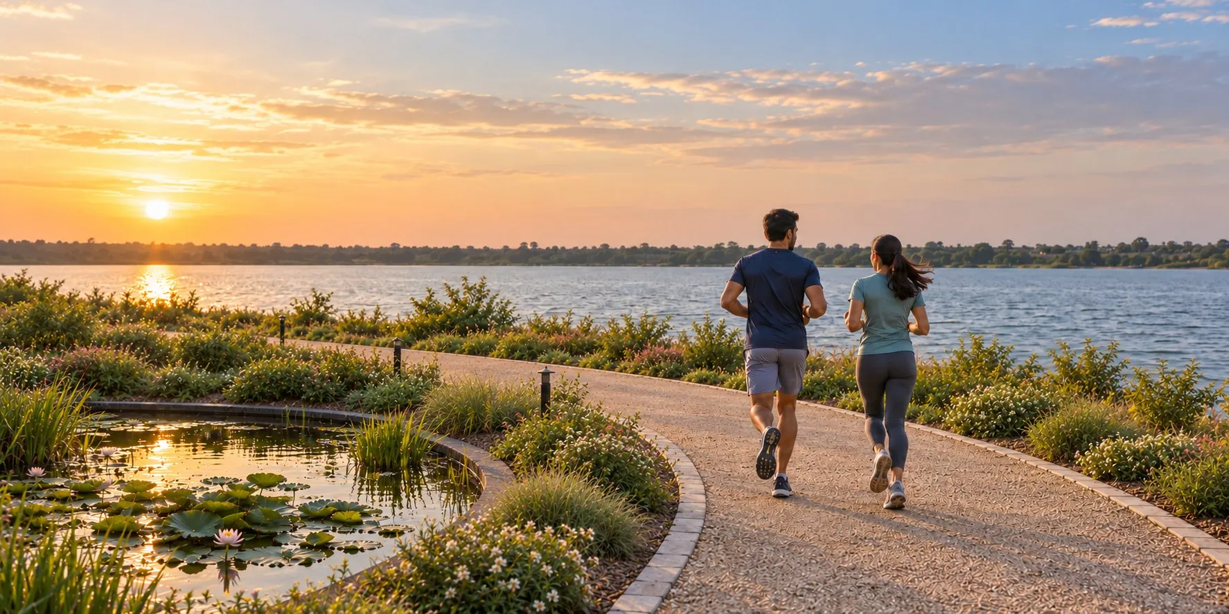 AI visualisation of a couple jogging along a lakeside path at sunset, past a lotus pond and flowering native planting