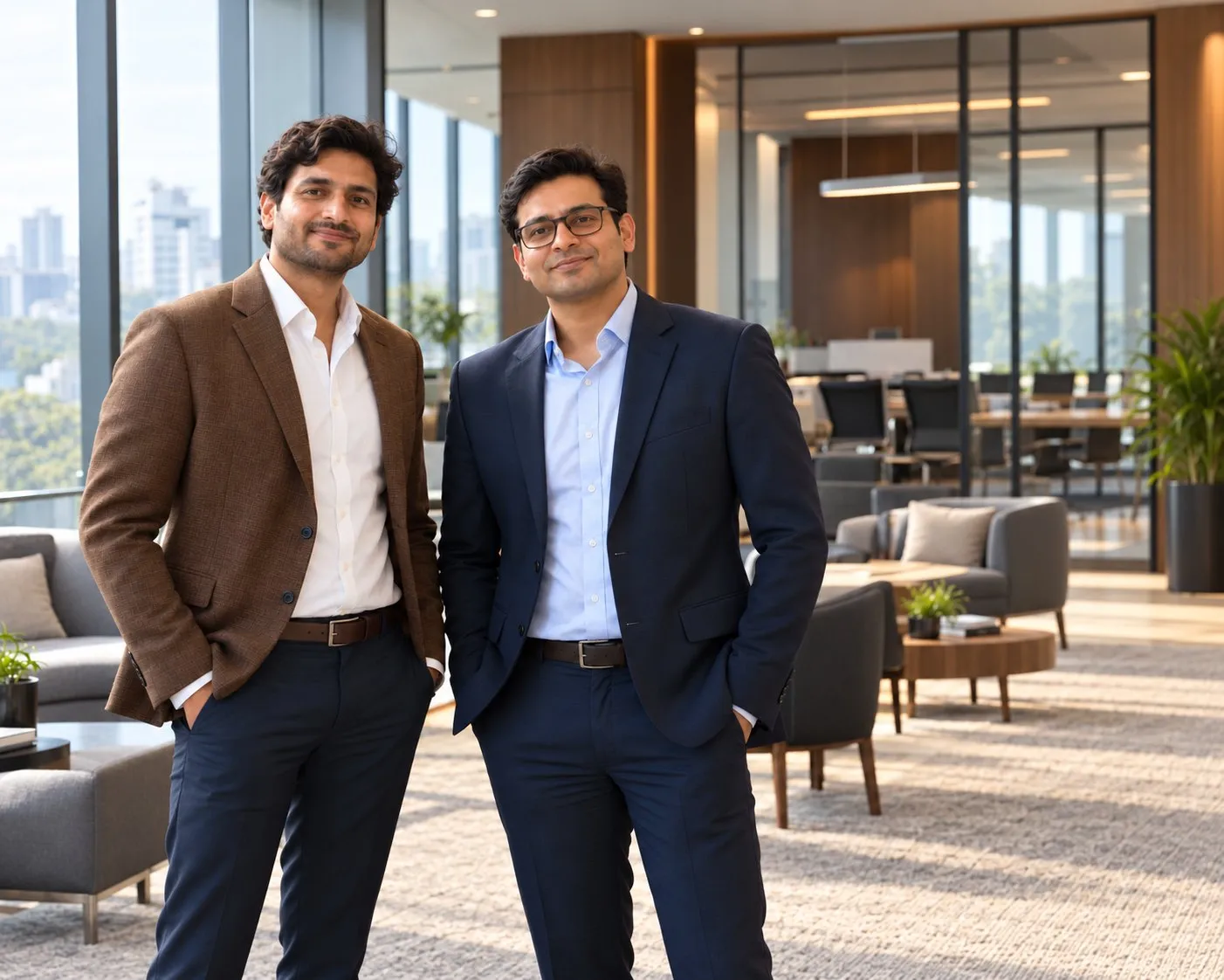 AI concept visualisation of two members of the relationship team standing in a bright, open office lounge with tall windows