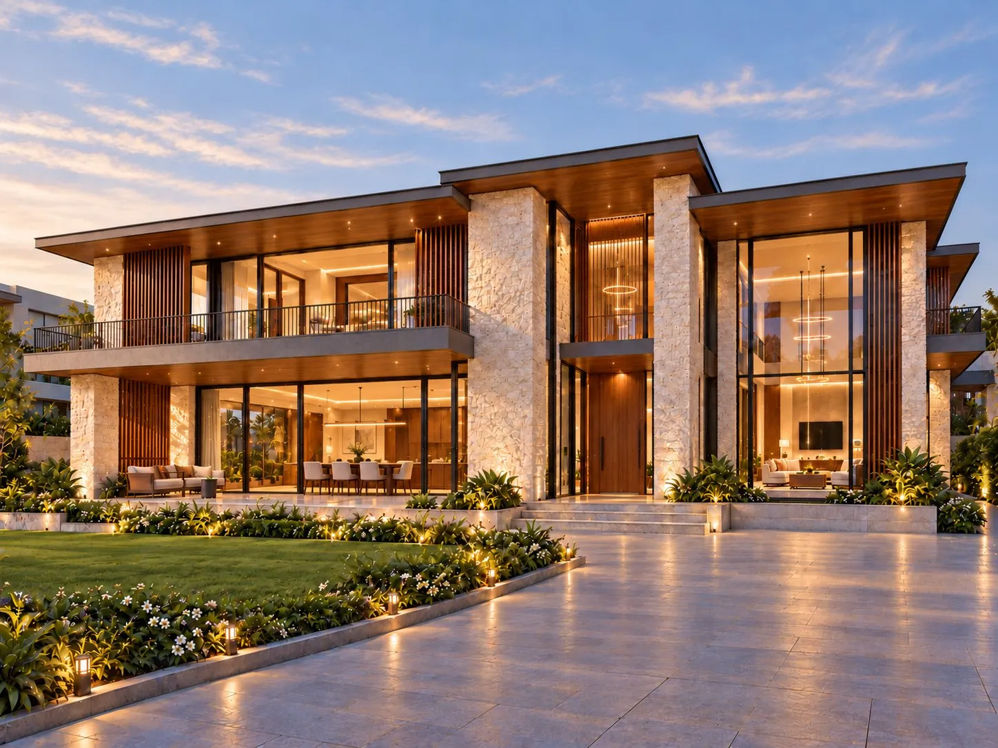 AI concept visualisation of a contemporary two-storey stone and timber home with deep overhangs, open living spaces and landscaped gardens at dusk