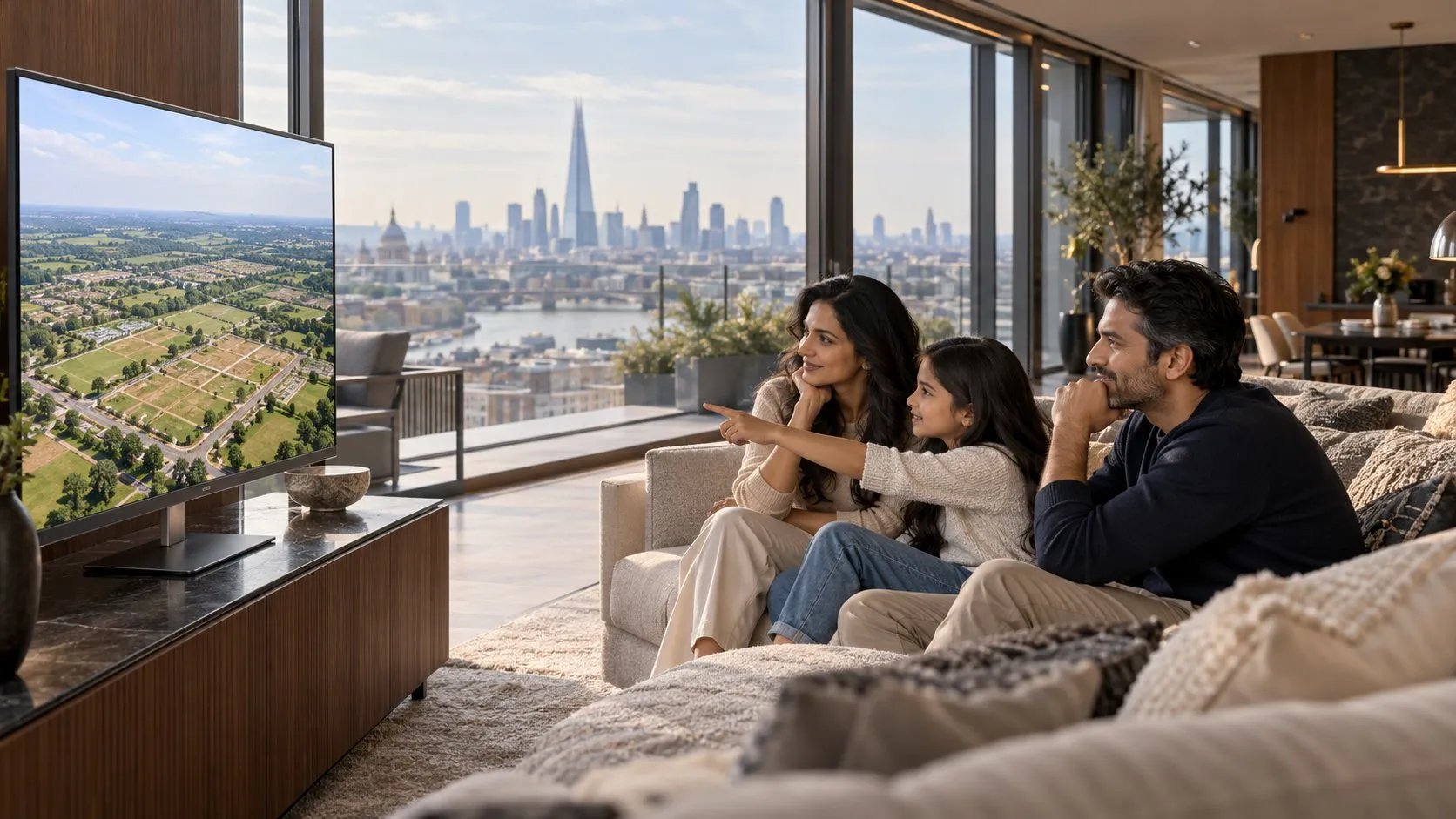 AI concept visualisation of a family abroad in a city apartment, looking at an aerial view of plotted land in India on their television