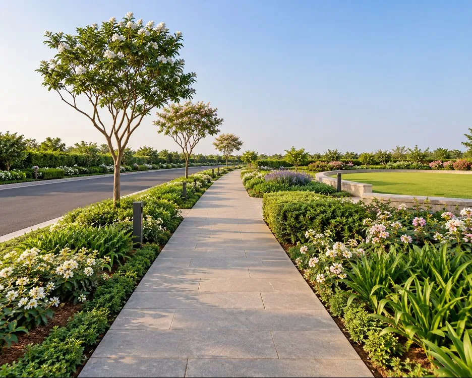 Concept visualisation of a stone walkway between planted verges beside a tree-lined internal road, with a landscaped lawn to one side