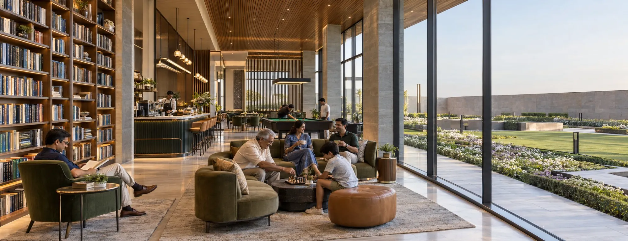 Concept visualisation of a clubhouse lounge with library shelves, a café bar and a games table, where three generations play chess beside tall glazing onto landscaped gardens