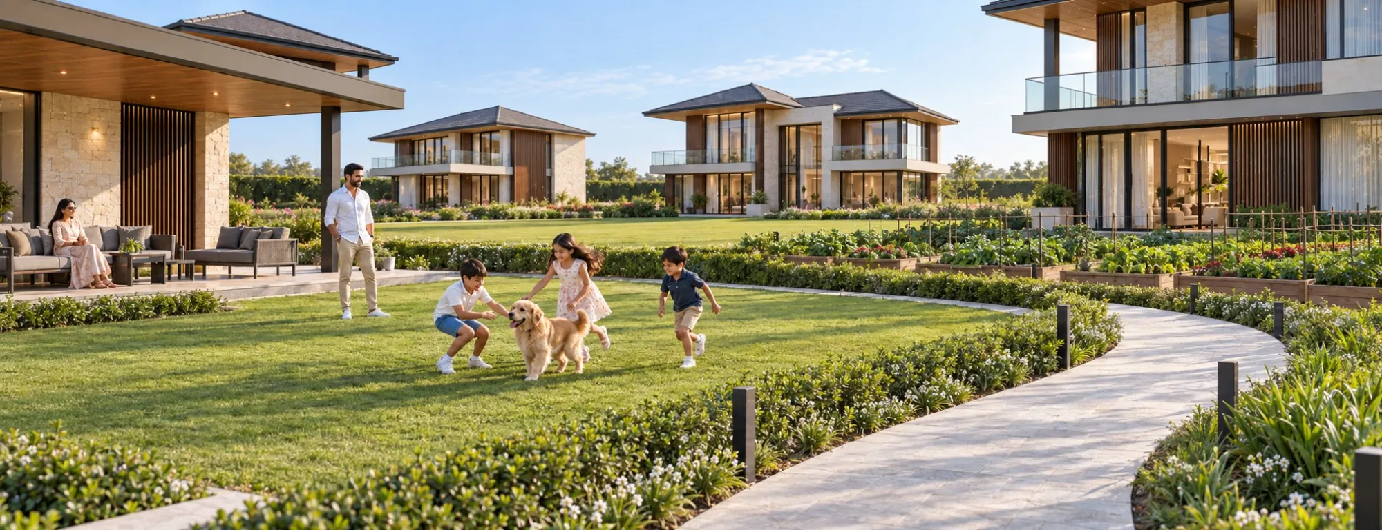Concept visualisation of children playing with a puppy on a shared lawn beside a curving garden path and kitchen gardens, with parents relaxing on a covered terrace