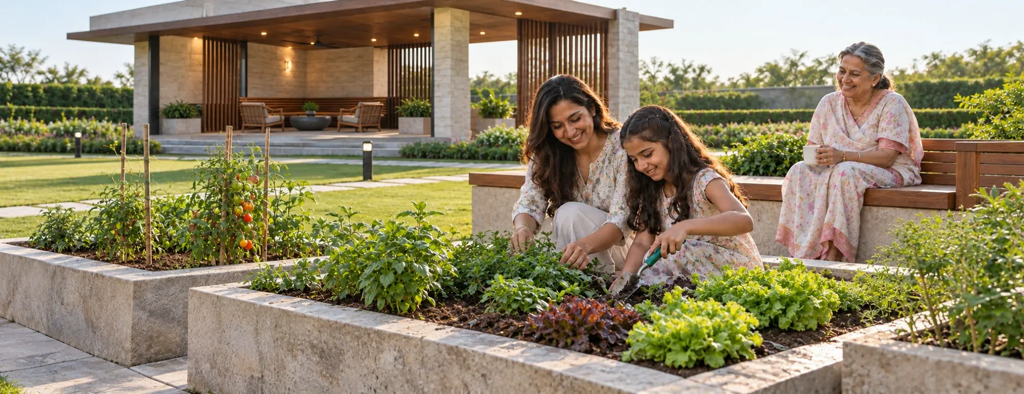 Concept visualisation of a mother and daughter tending raised stone vegetable beds while a grandmother watches from a bench, with a garden pavilion beyond