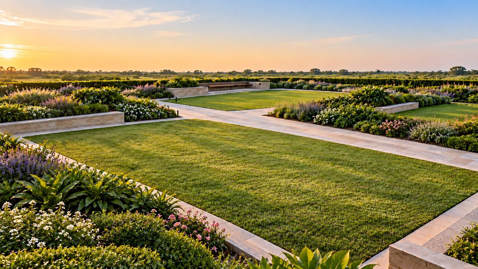 Concept visualisation of open lawns framed by planted beds and low stone walls, with paths and a seating area under an evening sky