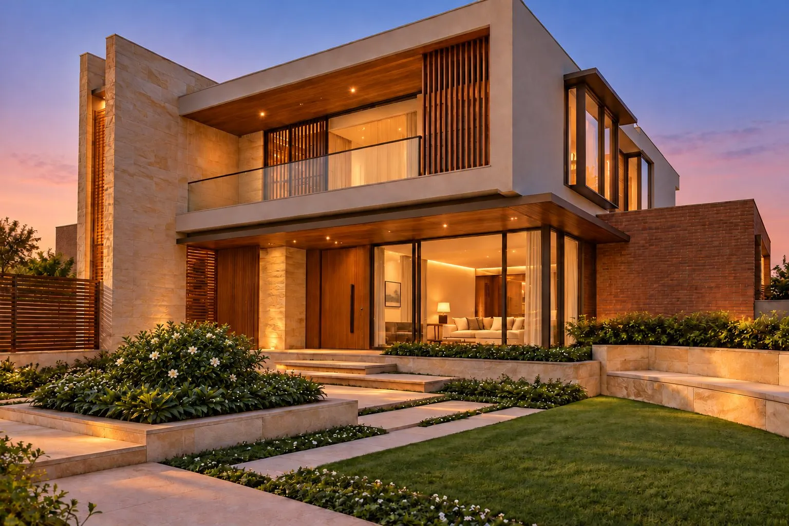 Concept visualisation of a contemporary stone, timber and brick home at dusk, with a landscaped front garden, lawn and stepped stone paths