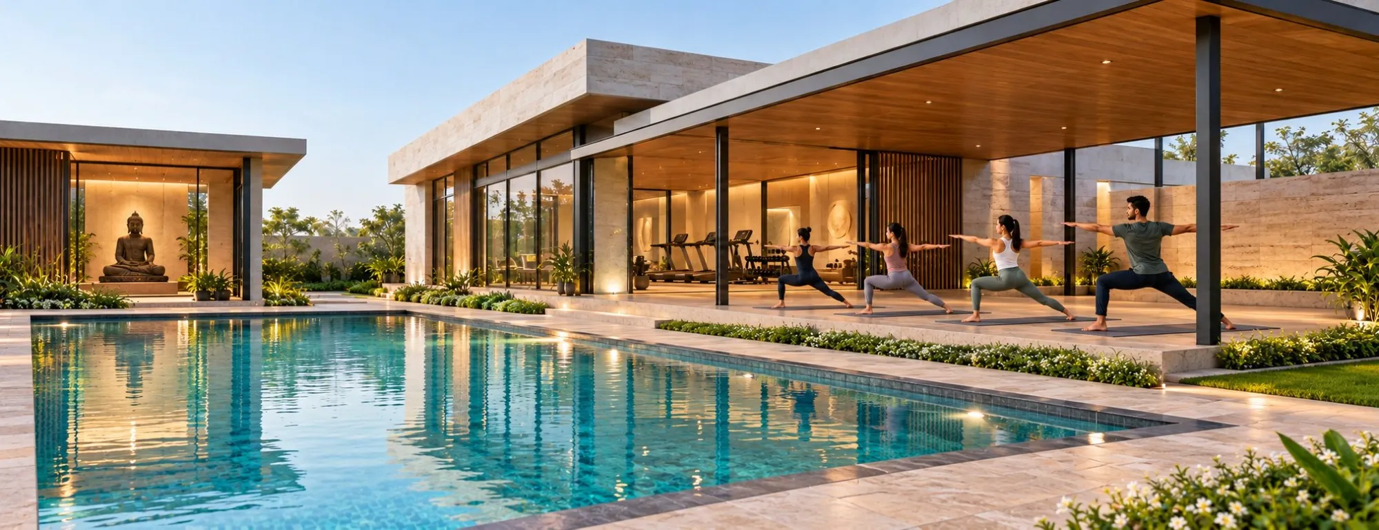 Concept visualisation of a group doing yoga on a covered stone terrace beside a glazed fitness studio, with a pool and a meditation pavilion beyond