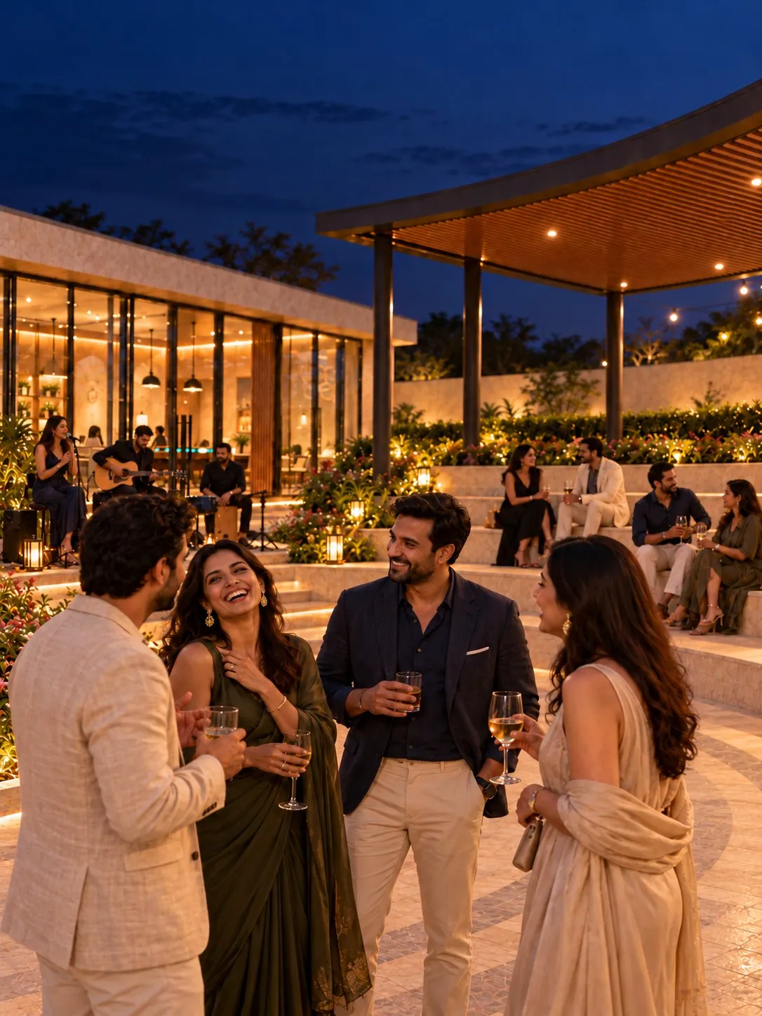 AI visualisation of a cultural evening in the courtyard, with violin and tabla players surrounded by neighbours and diyas at dusk