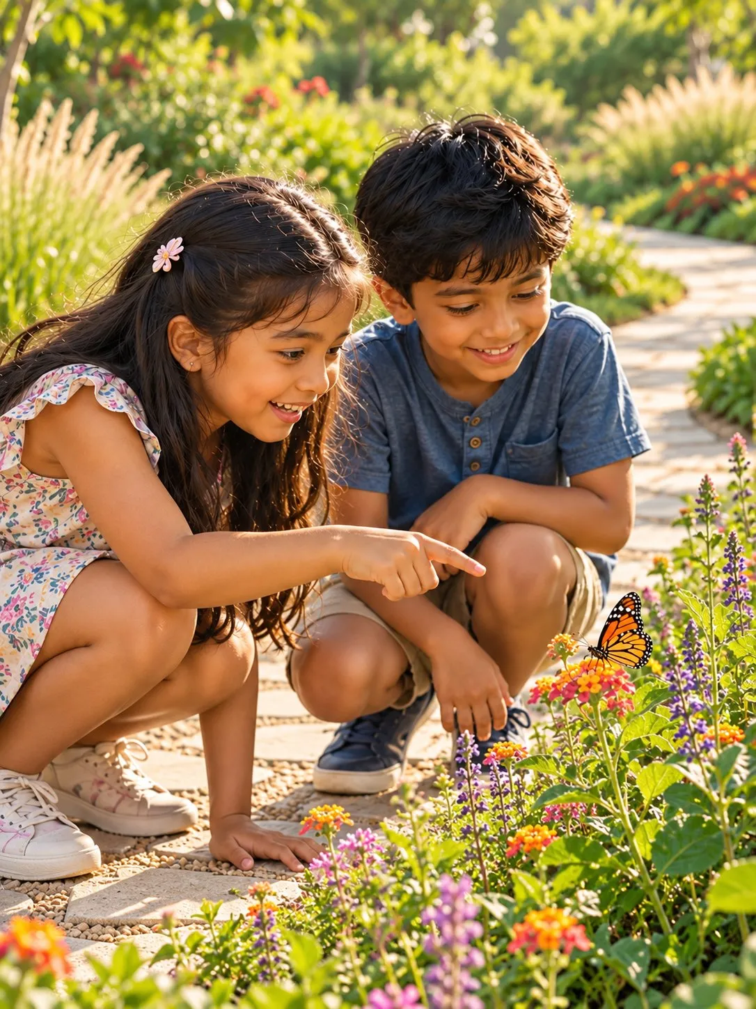 AI visualisation of two children watching a butterfly on flowering plants beside a garden path