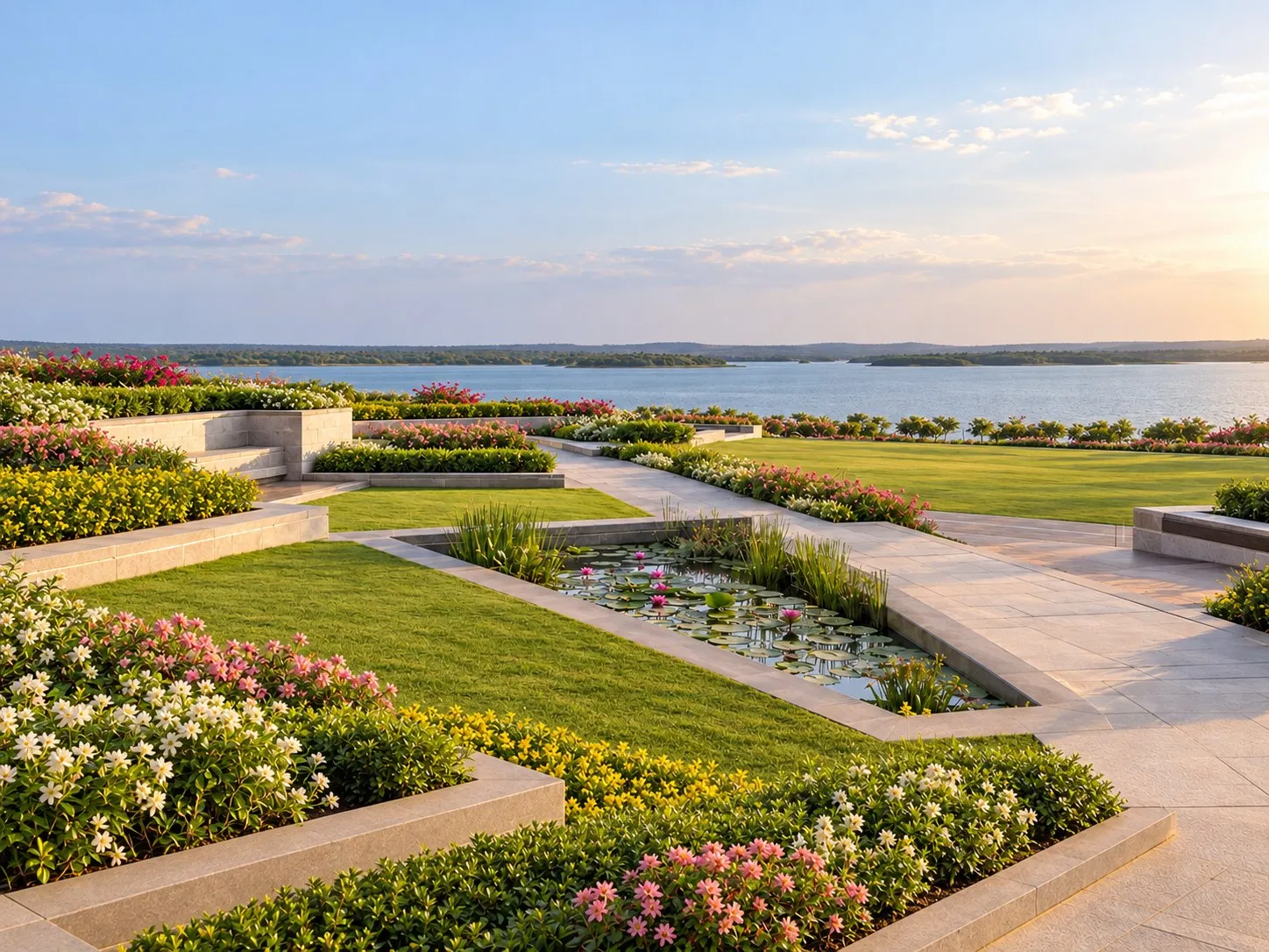 Concept visualisation of terraced planted beds, a lily pond and stone paths leading across open lawns towards the lake