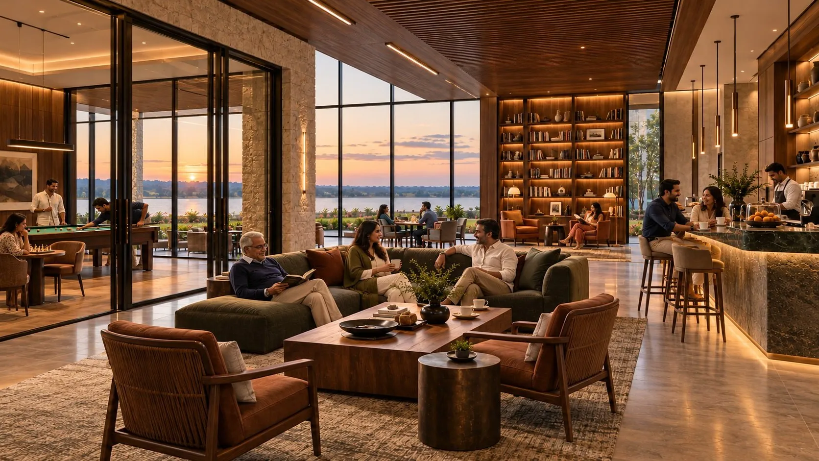 Concept visualisation of a clubhouse lounge with a café, library shelves and a games room, opening through tall glazing onto gardens and the lake at sunset