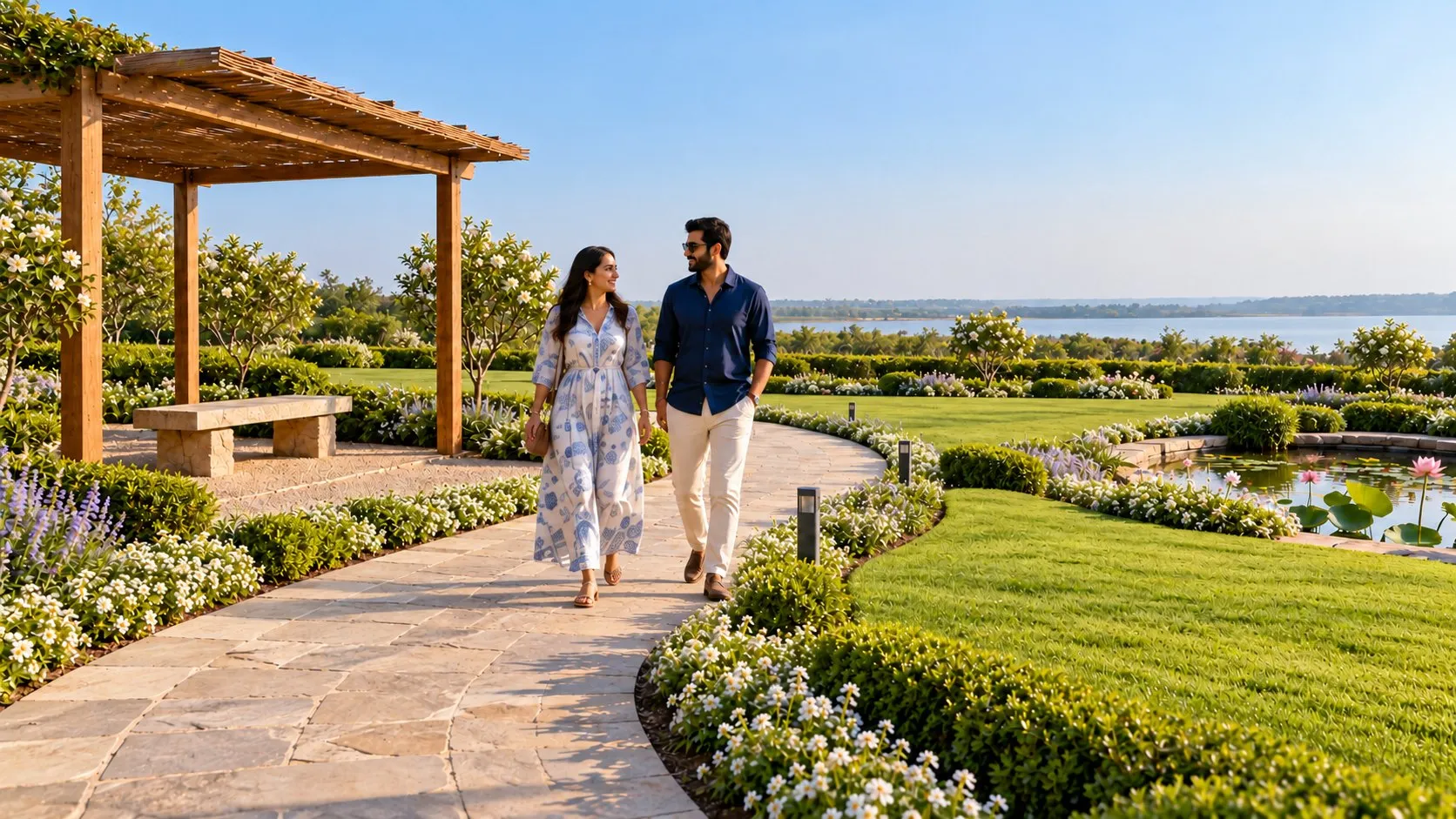 Concept visualisation of a couple walking a curving stone path through flowering gardens, past a timber pergola and a lotus pond, with the lake in the distance