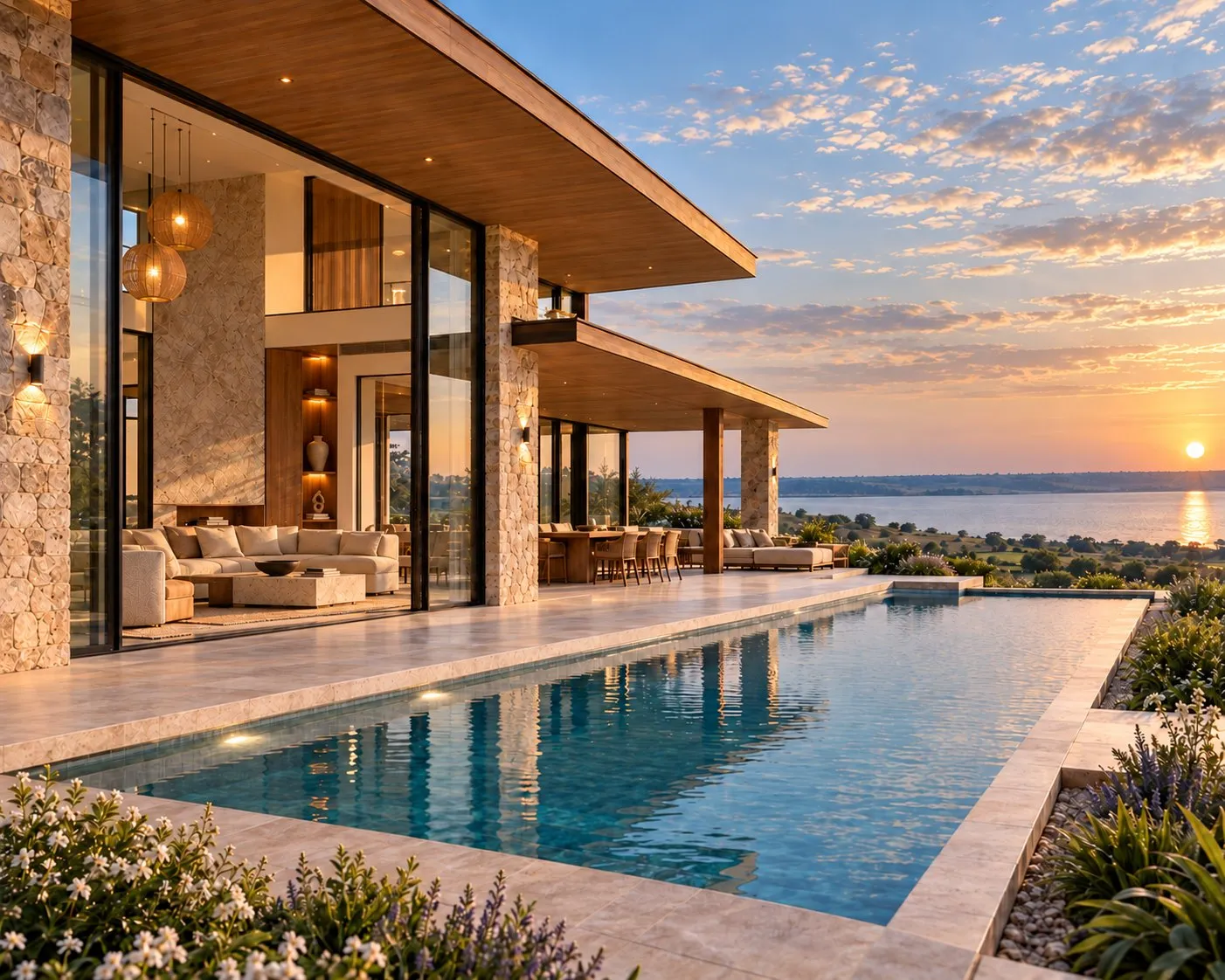 Concept visualisation of a stone and timber home with a long pool terrace and open living spaces, overlooking the lake at sunset