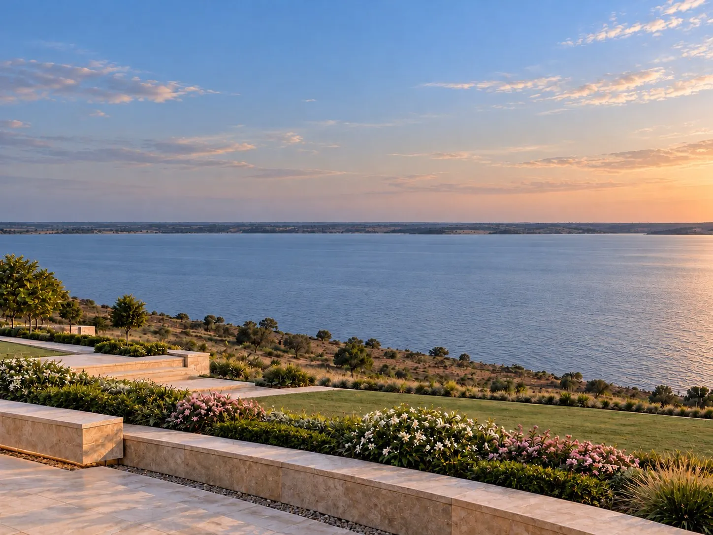 Concept visualisation of a stone terrace and planted beds above a grassy slope, overlooking the wide lake at sunset