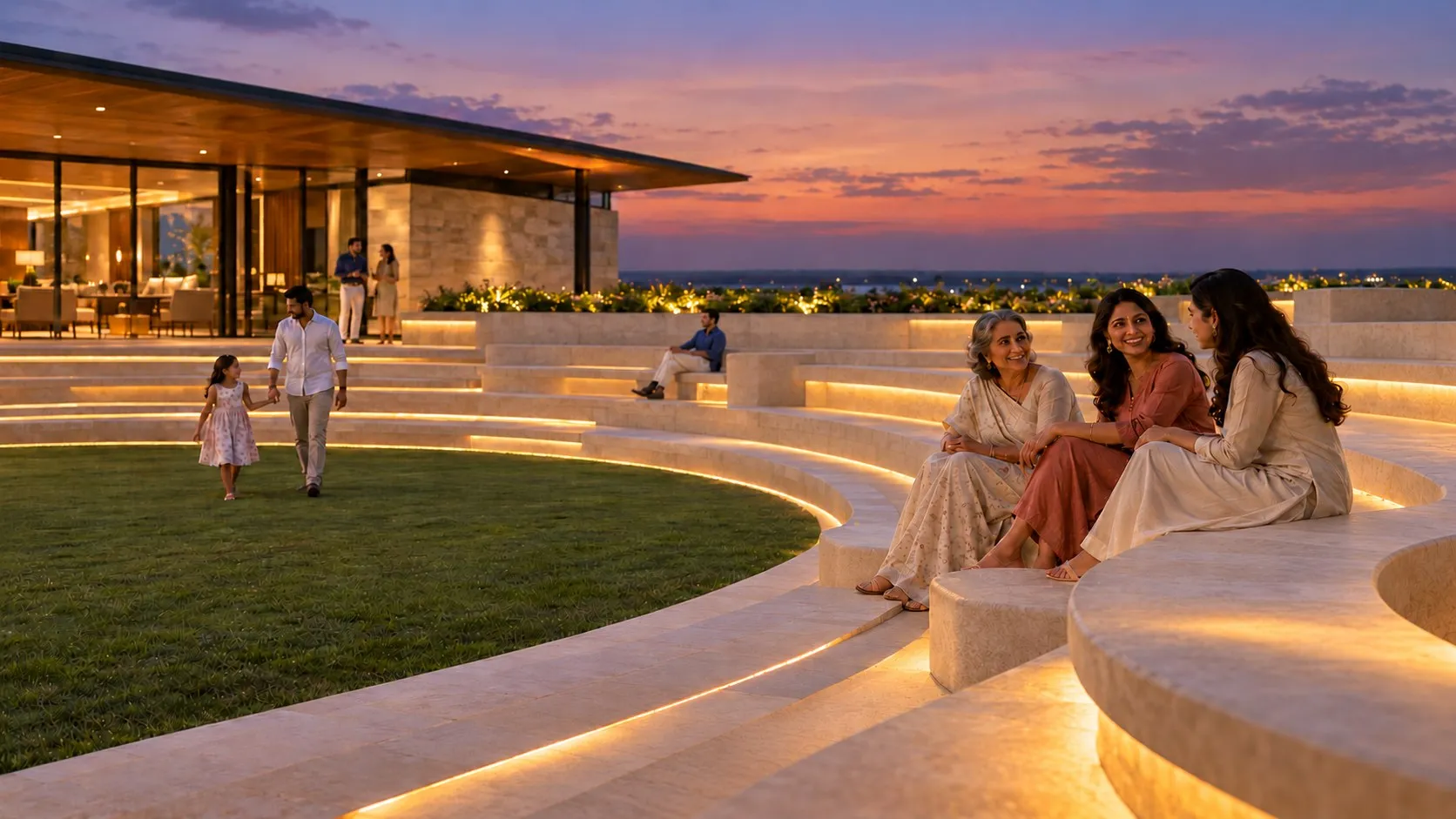 Concept visualisation of three generations of women seated on lantern-lit stone steps at dusk, beside a lawn where a father walks with his daughter, and a clubhouse terrace beyond