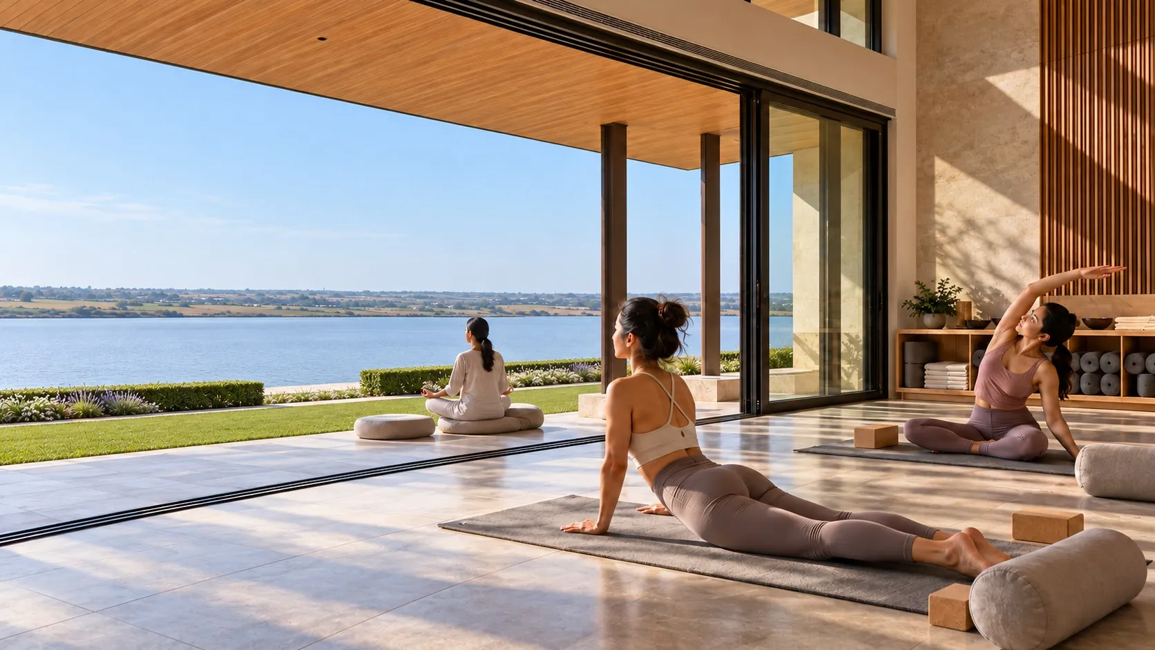 Concept visualisation of an open-sided yoga studio on a stone terrace, with residents stretching and meditating beside gardens and the lake