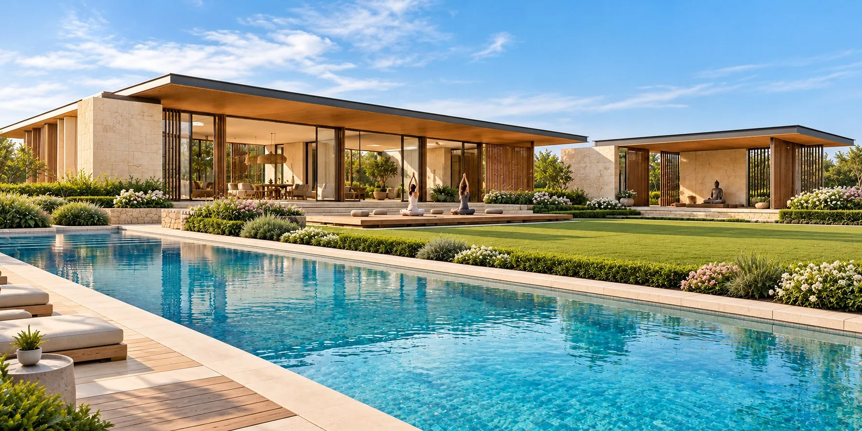 AI visualisation of a long landscaped pool beside a stone and timber clubhouse, with a yoga deck, a meditation pavilion and a lawn beyond